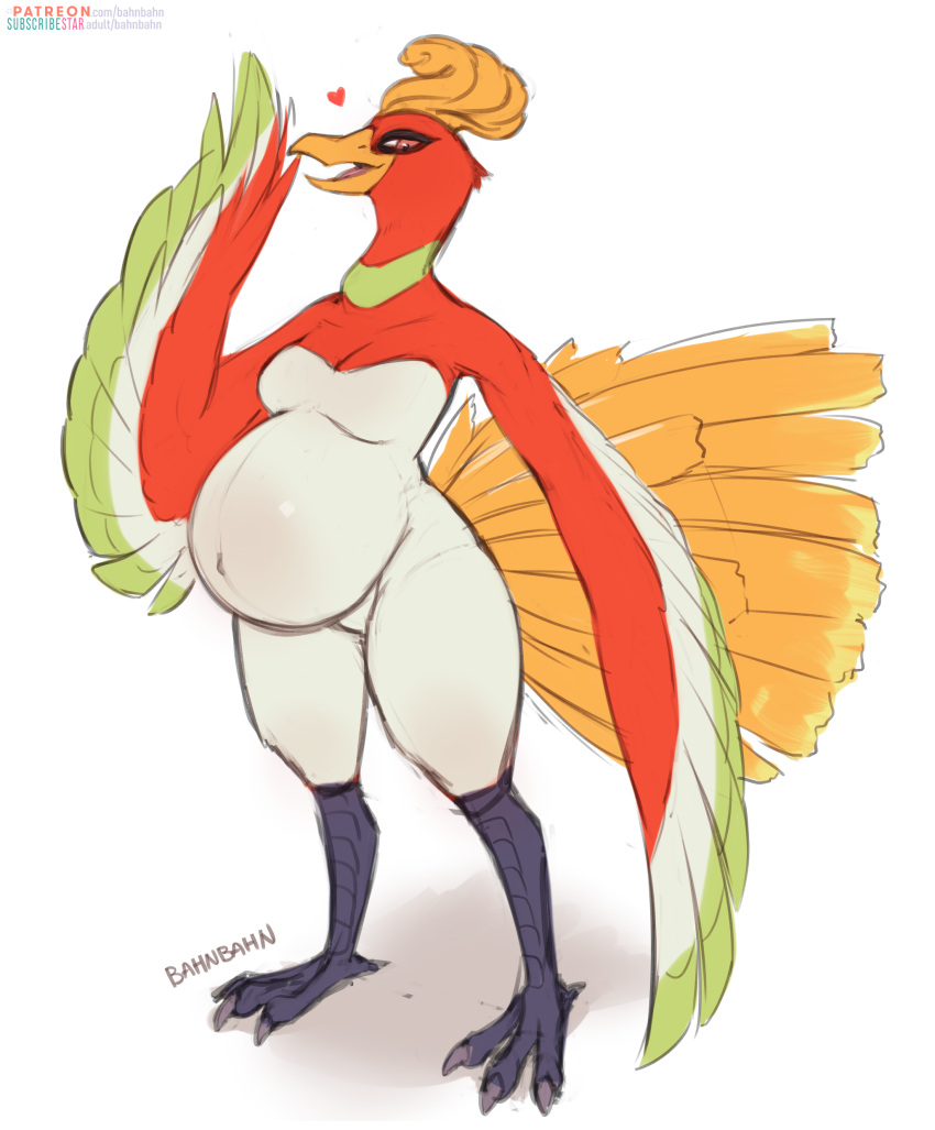 &lt;3 absurd_res anthro anthrofied artist_name avian bahnbahn_(artist) beak belly big_belly breasts feathers female full-length_portrait generation_2_pokemon green_body green_feathers hi_res ho-oh legendary_pokemon looking_at_viewer multicolored_body multicolored_feathers nintendo open_beak open_mouth pink_eyes pokemon pokemon_(species) pokemorph portrait pregnant red_body red_feathers simple_background solo standing text url video_games white_background white_body white_feathers winged_arms wings