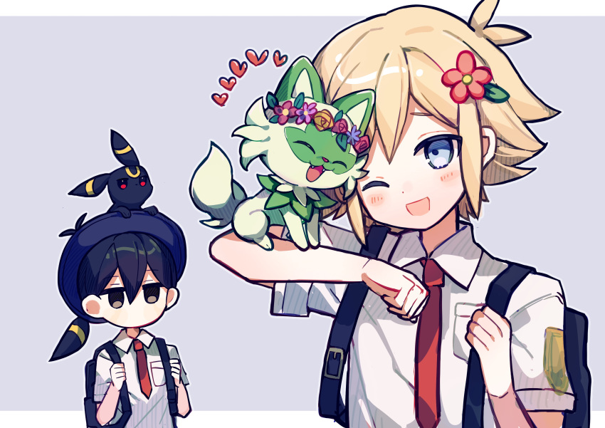 2boys absurdres alternate_costume backpack bag basil_(omori) black_eyes black_hair blonde_hair blue_eyes blush breast_pocket collared_shirt crossover expressionless flower hair_flower hair_ornament highres looking_at_another multiple_boys necktie omori on_head one_eye_closed open_mouth pocket pokemon pokemon_(creature) pokemon_(game) pokemon_on_head pokemon_sv red_necktie shio_0585 shirt short_sleeves smile sprigatito sunny_(omori) umbreon white_shirt