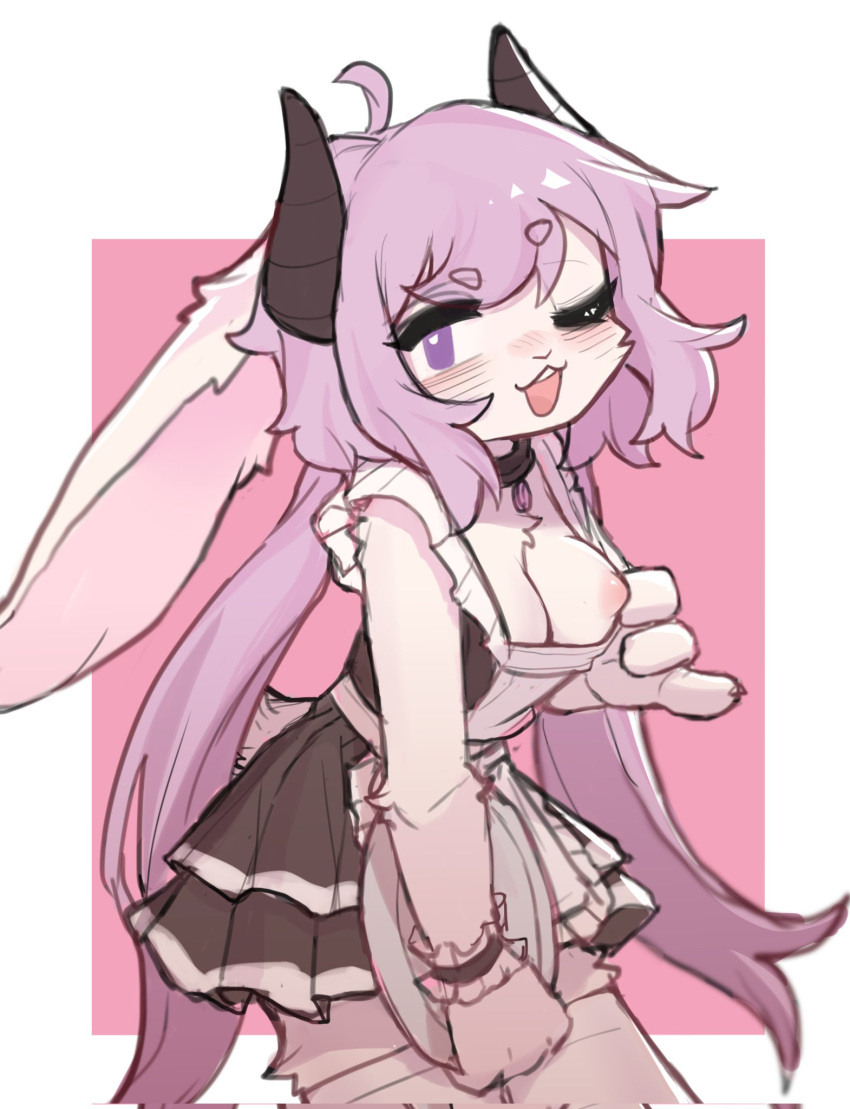 anthro blush breasts clothing crayon_(artist) eyes_closed female flashing flashing_breasts hair hi_res horn hybrid lagomorph leporid long_ears long_hair maid_uniform mammal nipples open_mouth rabbit simple_background solo top_pulled_down uniform