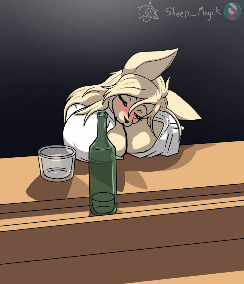 alcohol anthro beverage big_breasts bimbo_anthro blonde_hair blush breasts canid canine clothed clothing digital_drawing_(artwork) digital_media_(artwork) dollena_lockheart drunk female fennec fox fur hair herm_(lore) hi_res mammal sheep_magik short_stack simple_background sleeping_on_breasts_(meme) smile solo substance_intoxication