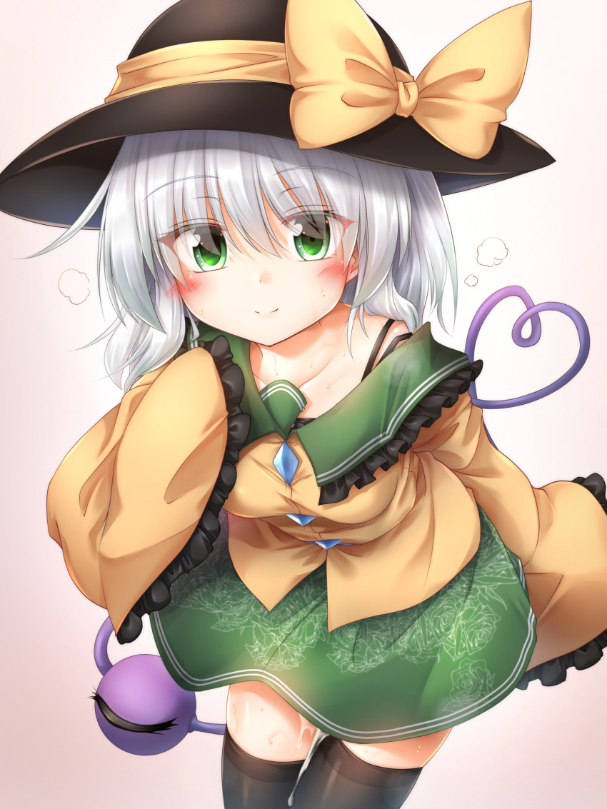1girl after_sex black_headwear black_thighhighs blouse blush bow breasts closed_mouth collarbone cowboy_shot cum cum_in_pussy cumdrip eyeball floral_print frilled_shirt_collar frilled_sleeves frills green_eyes green_skirt grey_hair hat hat_bow hat_ribbon heart heart_of_string highres komeiji_koishi leaning_forward long_sleeves looking_at_viewer marukyuu_ameya medium_breasts medium_hair print_skirt ribbon rose_print shirt simple_background skirt sleeves_past_fingers sleeves_past_wrists smile solo thighhighs third_eye touhou wide_sleeves yellow_bow yellow_ribbon yellow_shirt