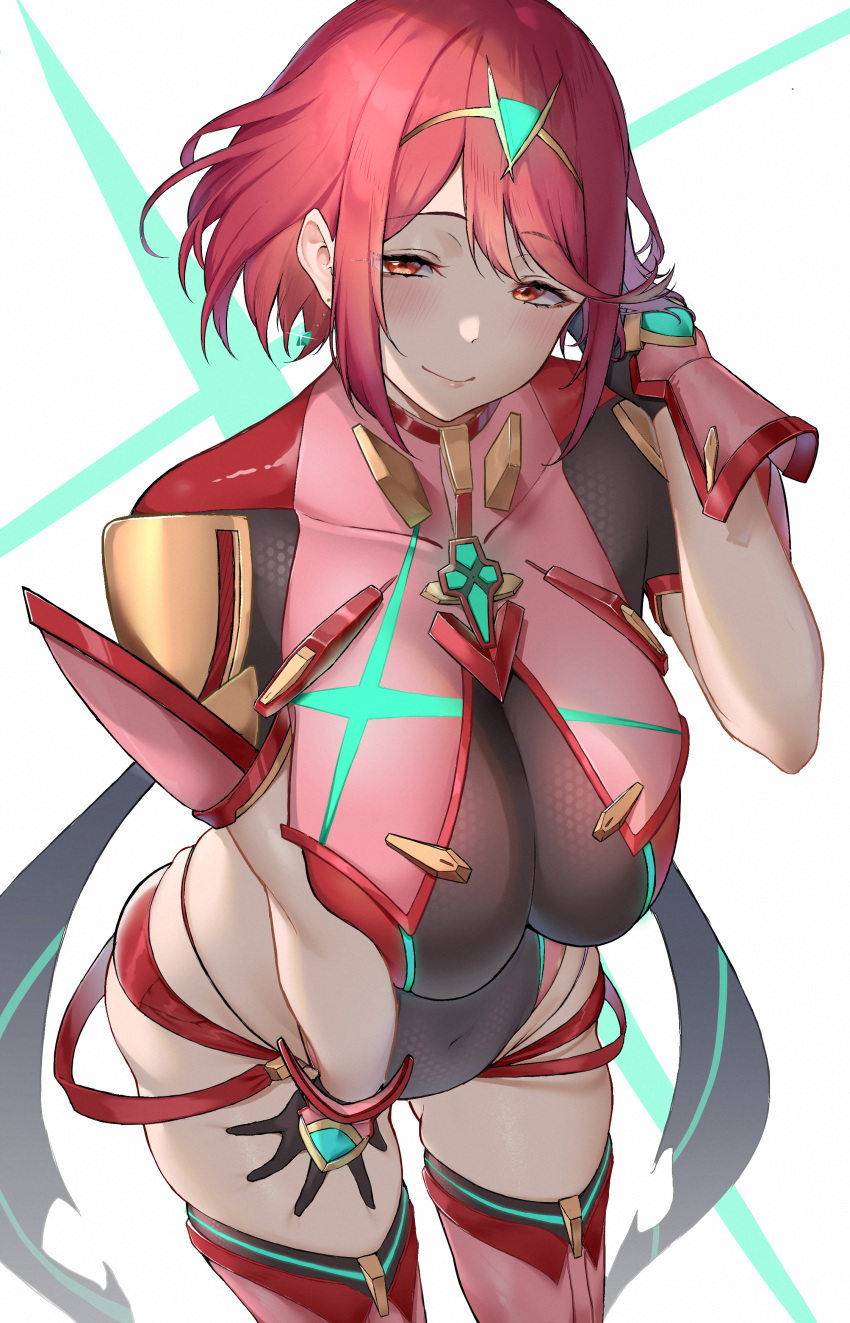 1girl absurdres bangs bodysuit breast_press breasts chest_jewel earrings fingerless_gloves gloves highres homura_(homuseka) jewelry large_breasts looking_at_viewer pyra_(xenoblade) red_eyes red_hair short_hair skysign_ft smile solo swept_bangs thighhighs tiara xenoblade_chronicles_(series) xenoblade_chronicles_2