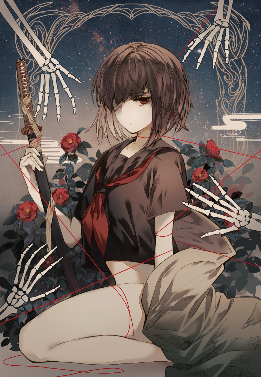 1girl absurdres bandage_over_one_eye bangs black_hair black_shirt bottomless breasts closed_mouth commentary flower hair_over_one_eye highres holding holding_sword holding_weapon katana kita_(kitairoha) leaf looking_at_viewer neckerchief one_eye_covered original red_eyes red_flower red_neckerchief shirt short_hair short_sleeves sitting skeletal_arm small_breasts solo string string_of_fate sword thread weapon
