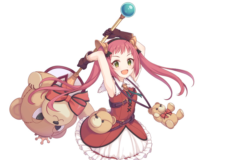 1girl ayane_(princess_connect!) black_gloves dress gloves green_eyes holding holding_weapon long_hair official_art princess_connect! red_hair skirt stuffed_animal stuffed_toy teddy_bear transparent_background twintails weapon white_skirt