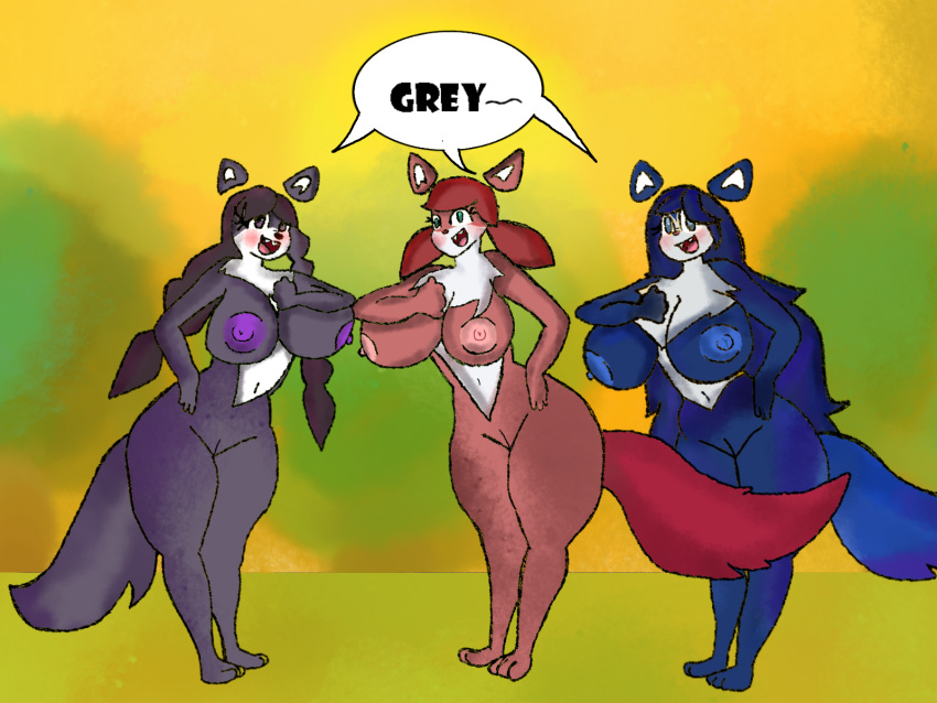 anthro bianca_(sheep_and_wolves) blue_body blue_fur blue_hair braided_hair breasts canid canine canis female fur genitals group hair hi_res jungle leah_(sheep_and_wolves) mammal nonspringbonniefan5 nude orange_body orange_fur orange_hair pigtails purple_body purple_fur purple_hair pussy sarabi_(sheep_and_wolves) sheep_and_wolves trio wizart_animation wolf