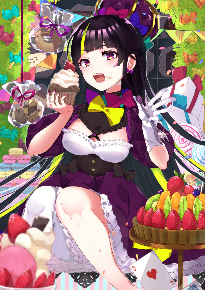 1girl :d absurdres bag bangs black_hair blonde_hair blueberry blunt_bangs bow bow_earrings bowtie box breasts bush candy card checkerboard_cookie cleavage cleavage_cutout clothing_cutout cookie crown cupcake dessert doughnut dress earrings food food_on_face fork frilled_dress frills fruit fruit_tart gift gift_box glint gloves highres holding holding_food holding_fork jewelry kiwi_(fruit) kiwi_slice kusunokimizuha large_breasts lollipop long_hair looking_at_viewer macaron multicolored_hair open_mouth orange_(fruit) orange_slice original plastic_bag playing_card puffy_sleeves purple_eyes ribbon single_glove single_leg_pantyhose sitting smile solo strawberry streaked_hair string_of_flags swirl_lollipop tart_(food) traditional_bowtie two-tone_hair underbust very_long_hair wrapped_candy