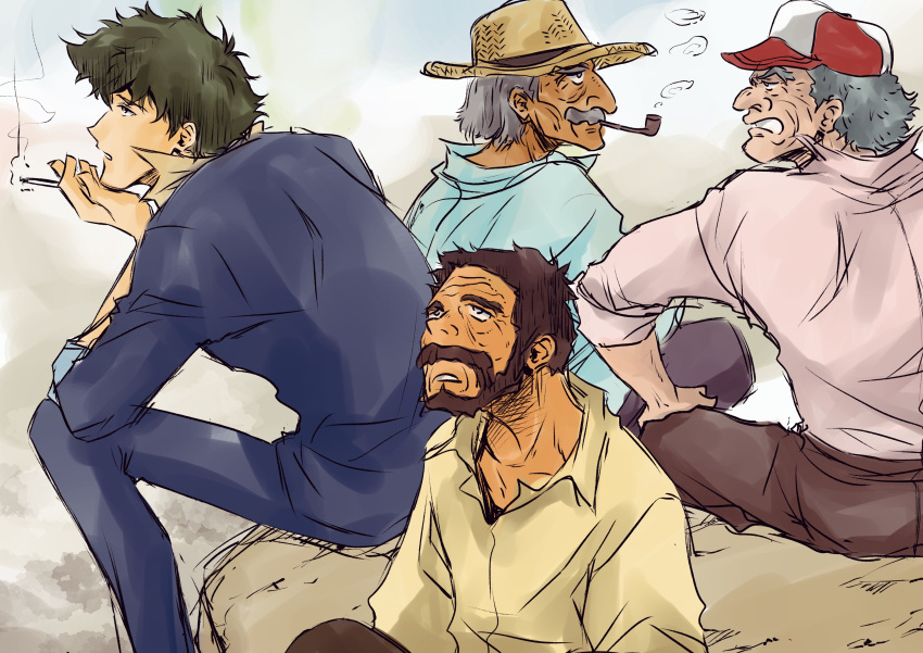 4boys absurdres antonio_(cowboy_bebop) baseball_cap beard carlos_(cowboy_bebop) cigarette cowboy_bebop dark-skinned_male dark_skin facial_hair formal grey_hair hat highres jobim_(cowboy_bebop) multiple_boys mustache old old_man sitting smoking spike_spiegel tobalin