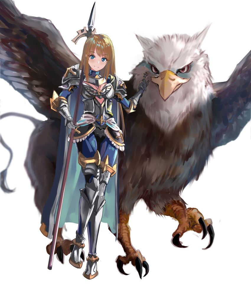 1girl absurdres armor armored_boots bangs blonde_hair blue_cape blue_eyes blue_pants blue_shirt blush boots breastplate cape closed_mouth commentary_request cross cross_necklace full_body gauntlets griffin gryphon_(ragnarok_online) highres holding holding_polearm holding_weapon imperial_guard_(ragnarok_online) jewelry knight leg_armor long_hair looking_at_viewer necklace pants pauldrons polearm ragnarok_online sail_(sail-away) shirt shoulder_armor simple_background smile spear weapon white_background