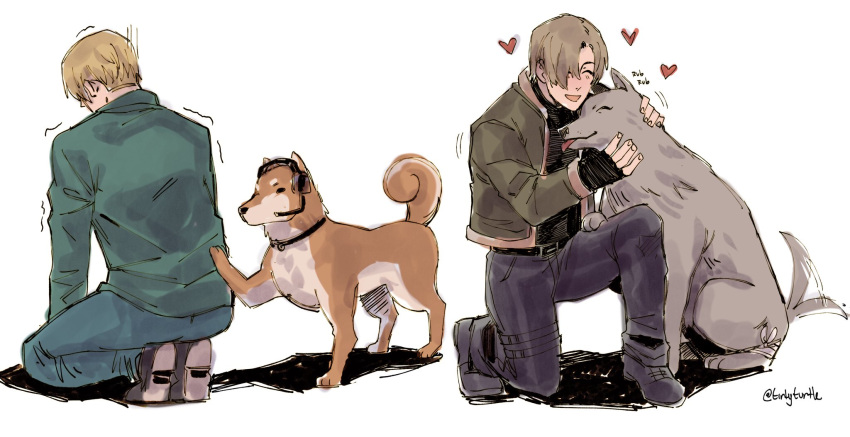 2boys back dog headset heart highres jacket james_sunderland kneeling leon_s._kennedy mira_(silent_hill) multiple_boys petting resident_evil resident_evil_4 shiba_inu silent_hill_(series) silent_hill_2 simple_background tail tail_wagging tirtyturtle tongue tongue_out trembling