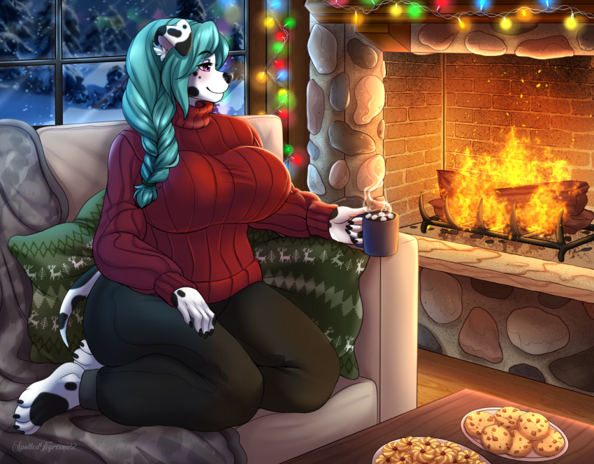 anthro beverage big_breasts blue_hair bottomwear braided_hair breasts candy canid canine canis chocolate christmas_lights clothed clothing cookie cozy dalmatian dessert domestic_dog female fire fireplace food fully_clothed furniture hair hi_res holidays hot_chocolate inside kneeling mammal mug on_sofa pants pillow plate relaxing smile snow snowing sofa solo spottedtigress steam sweater topwear turtleneck window winter