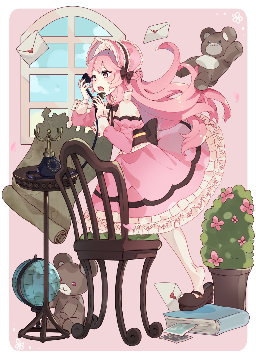 1girl :o absurdres antique_telephone back_bow bangs blush bonnet book bow bush chair cushion envelope flower globe heart high_collar highres holding holding_phone juliet_sleeves kusunokimizuha lolita_fashion long_hair long_sleeves neck_ribbon on_book open_mouth original phone pink_eyes pink_hair plant potted_plant puffy_sleeves ribbon sash scroll sleeve_cuffs solo standing standing_on_one_leg stuffed_animal stuffed_toy table teddy_bear very_long_hair window