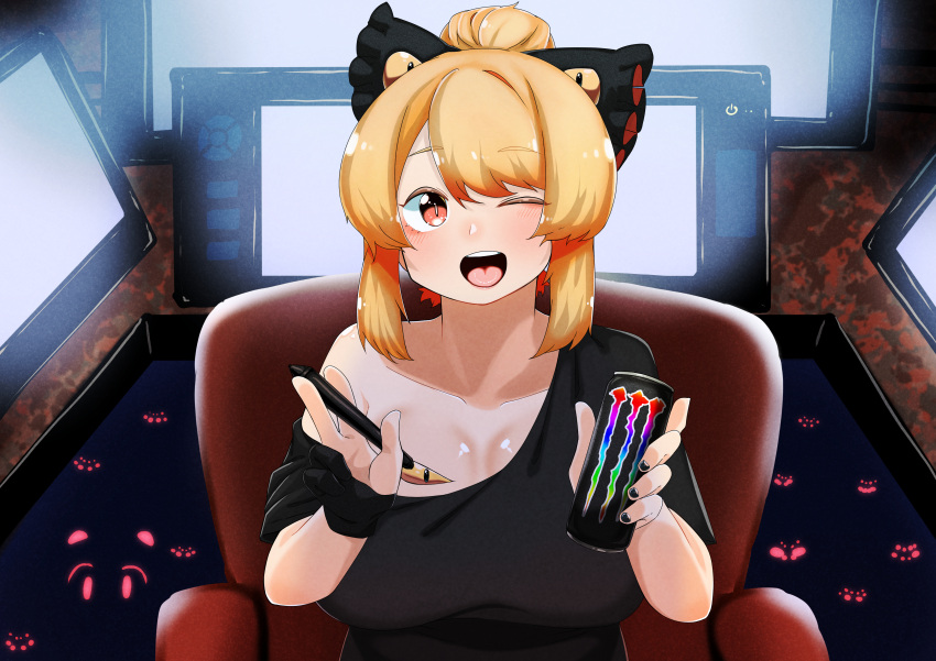 1girl absurdres alternate_costume arthropod_girl bangs black_bow black_gloves black_shirt blonde_hair bow breasts bug can chair collarbone contemporary desk drawing_tablet gloves glowing glowing_eyes hair_bow highres holding holding_can holding_stylus huge_breasts kurodani_yamame looking_at_viewer monster_energy off_shoulder one_eye_closed open_mouth partially_fingerless_gloves ponytail red_eyes rinyamame screen shirt sidelocks smile solo spider spider_girl stylus touhou yellow_eyes