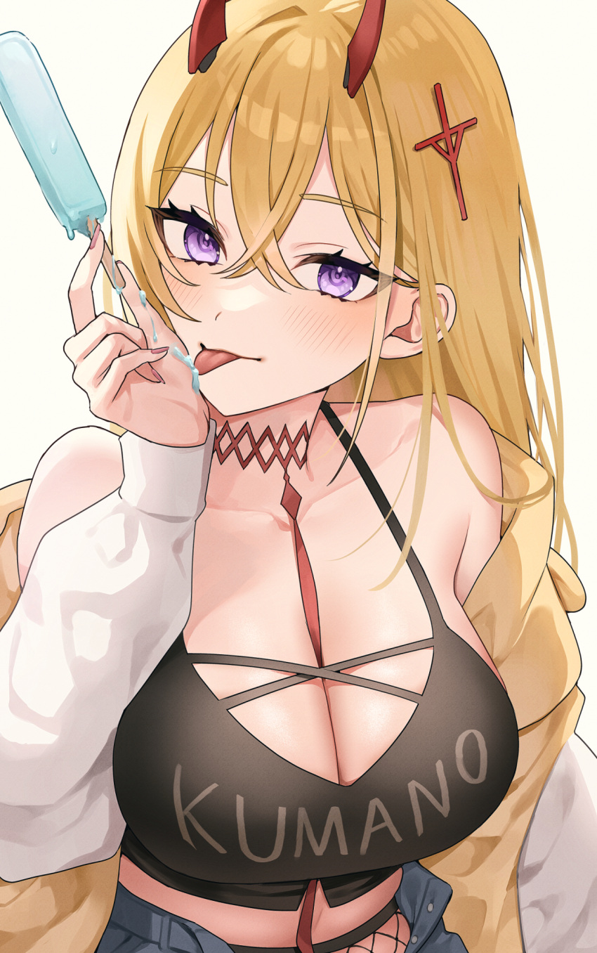 1girl alternate_costume azur_lane bangs between_breasts black_tank_top blonde_hair blush breasts character_name cleavage cross_hair_ornament crossed_bangs hair_between_eyes hair_ornament highres holding_ice_cream horns jacket kumano_(azur_lane) large_breasts necktie necktie_between_breasts omaru_(0marufestival) open_clothes open_jacket purple_eyes red_horns red_necktie simple_background solo suggestive_fluid tank_top tongue tongue_out upper_body white_background