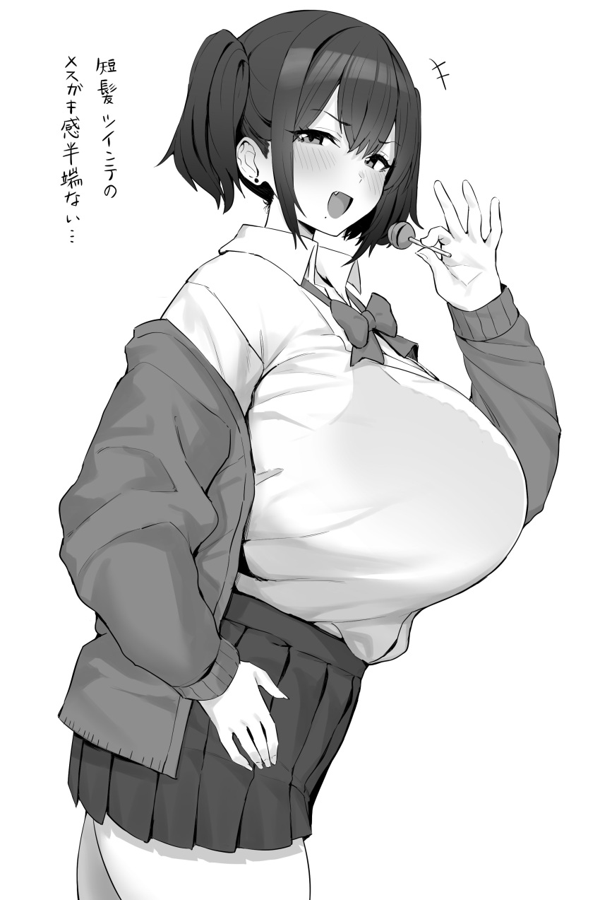 1girl absurdres ass blush bow bowtie bra bra_visible_through_clothes breasts candy collared_shirt earrings fang flat_ass food gigantic_breasts greyscale highres hotate-chan jewelry lollipop long_hair long_sleeves mole mole_under_mouth monochrome naughty_face open_mouth original pleated_skirt school_uniform see-through shirt simple_background skirt stud_earrings translation_request twintails underwear white_background