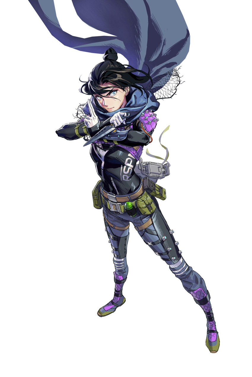 1girl animification apex_legends bangs belt black_bodysuit black_gloves black_hair blue_scarf bodysuit breasts brown_belt floating_hair gloves green_gloves hair_bun highres holding holding_knife knife kuji-in kunai pink_footwear scarf single_hair_bun small_breasts smile solo thigh_strap v-shaped_eyebrows weapon white_background wraith's_kunai wraith_(apex_legends) zjl_baiqishi