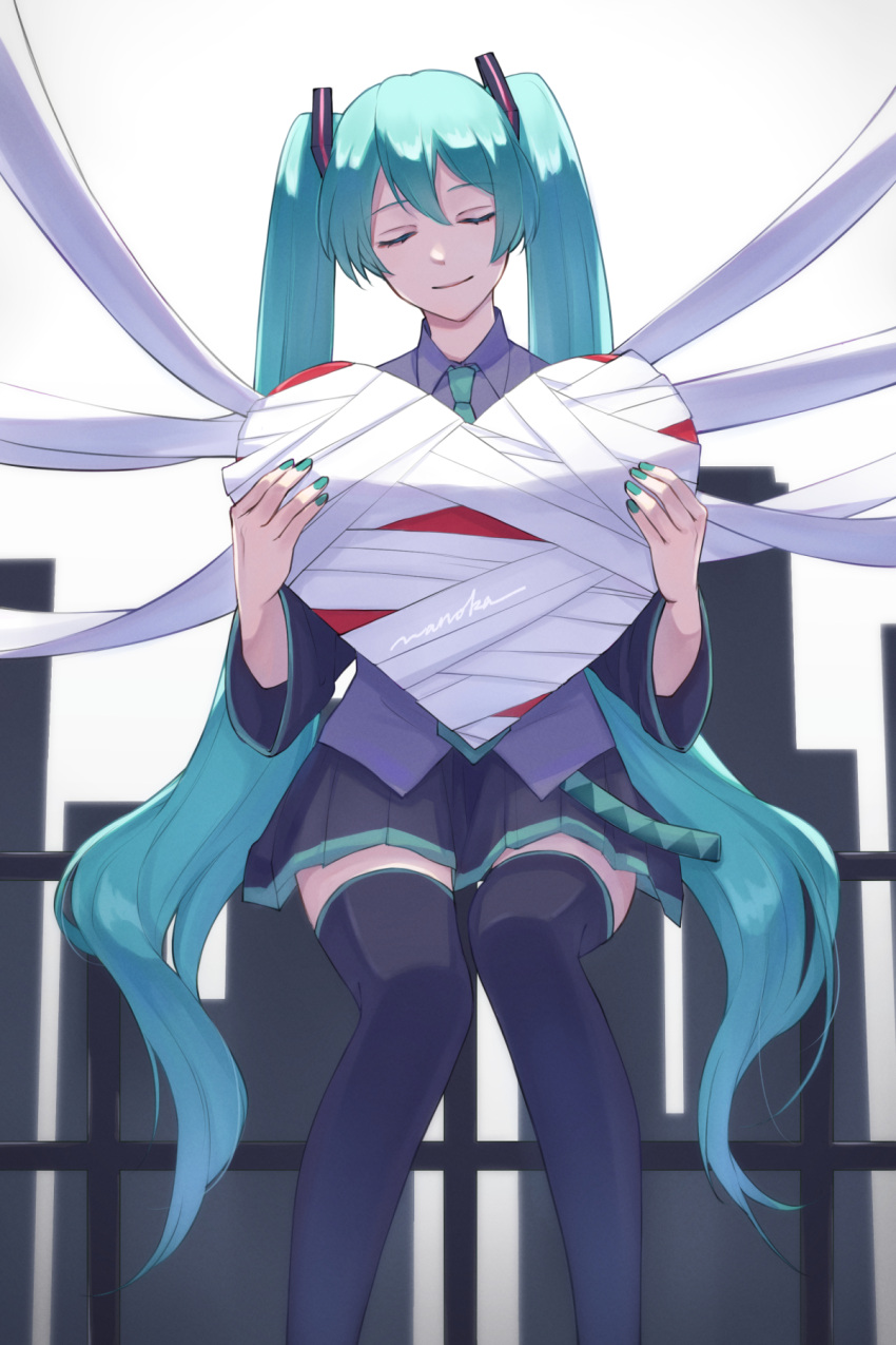 1girl bandages bangs belt blue_hair closed_eyes collared_shirt commentary hair_ornament hatsune_miku heart highres holding holding_heart long_hair long_sleeves nail_polish necktie pleated_skirt shirt signature sitting sitting_on_railing skirt smile solo streaming_heart_(vocaloid) thighhighs twintails very_long_hair vocaloid wanoka_04