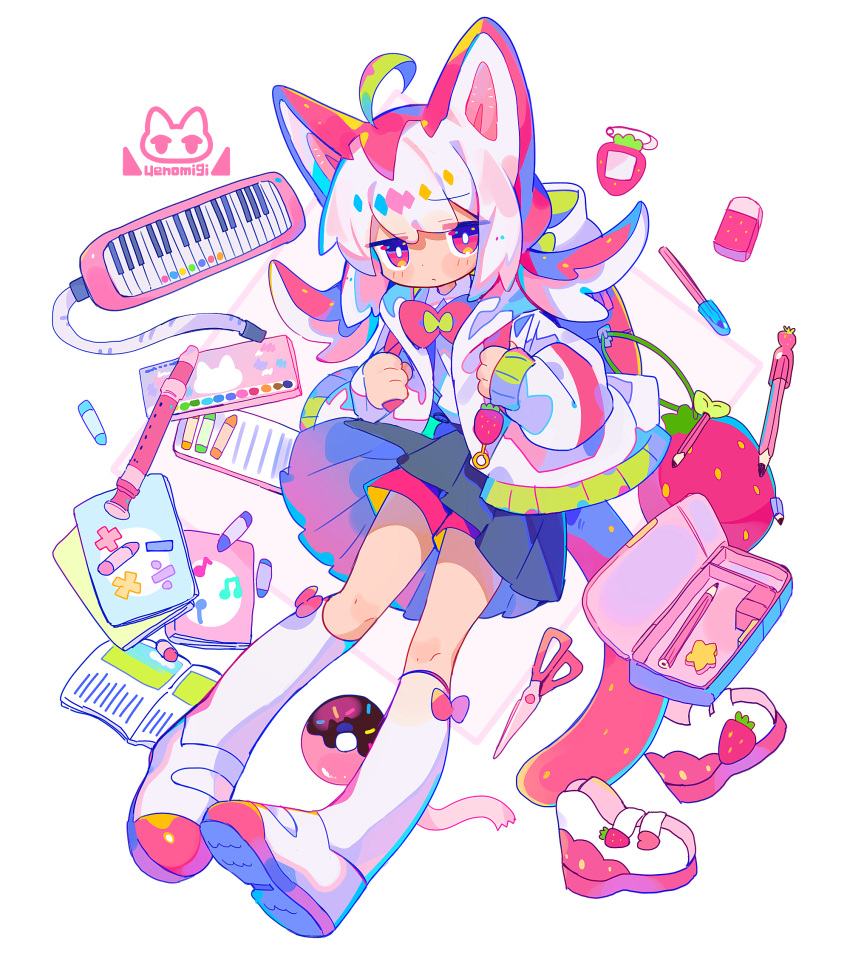 1girl ahoge animal_ears backpack bag bangs black_skirt blush blush_stickers book bow bowtie bright_pupils cat_ears cat_tail commentary_request crayon dark-skinned_female dark_skin dot_mouth dot_nose doughnut eraser flipped_hair flute food fruit green_hair highres hood hooded_jacket instrument jacket keytar kneehighs looking_at_viewer multicolored_hair original pen pencil pencil_case piano pink_ribbon randoseru red_bag red_bow red_bowtie red_eyes red_hair red_shorts ribbon scissors shirt short_hair shorts shorts_under_skirt signature simple_background skirt socks solo strawberry streaked_hair tail uenomigi white_background white_footwear white_hair white_jacket white_pupils white_shirt white_socks