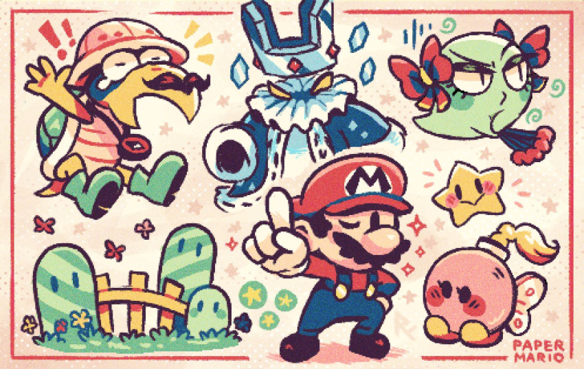 blonde_hair blue_overalls blue_robe bob-omb bombette boo_(mario) bow bow_(paper_mario) braid crown crystal_king facial_hair fence gloves grass helmet kolorado koopa_troopa mario mustache one_eye_closed oniri_boy overalls paper_mario_64 pith_helmet red_bow red_headwear red_shirt robe shirt star_(symbol) twink_(paper_mario) white_gloves yellow_eyes