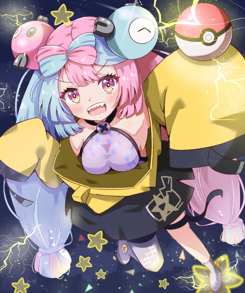 1girl aqua_hair bow-shaped_hair character_hair_ornament grey_footwear grey_pantyhose hair_ornament hexagon_print highres iono_(pokemon) jacket long_hair low-tied_long_hair mikumiku37 multicolored_hair oversized_clothes pantyhose pink_eyes pink_hair pokemon pokemon_(game) pokemon_sv sharp_teeth shirt single_leg_pantyhose sleeveless sleeveless_shirt sleeves_past_fingers sleeves_past_wrists solo teeth twintails two-tone_hair very_long_hair very_long_sleeves x yellow_jacket