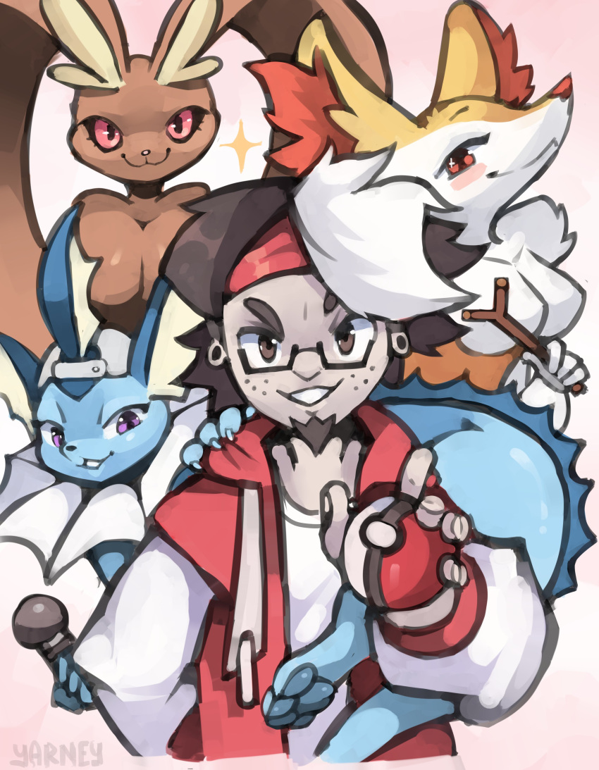 absurd_res anthro blush braixen breasts clothing ear_piercing eeveelution eyewear female feral generation_1_pokemon generation_4_pokemon generation_6_pokemon glasses group hat headgear headwear hi_res human looking_at_viewer lopunny male mammal microphone nintendo piercing pokeball pokemon pokemon_(species) pokemon_trainer raporeon_(the_chalkeaters) smile vaporeon vaporeon_rapper video_games yarney