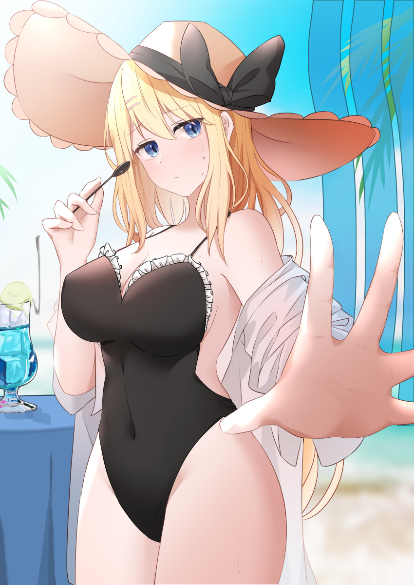 1girl absurdres beach black_one-piece_swimsuit blonde_hair blue_eyes blurry breasts cleavage covered_navel cowboy_shot day depth_of_field foreshortening frilled_one-piece_swimsuit hat highres holding holding_spoon long_hair looking_at_viewer man_man medium_breasts navel off_shoulder one-piece_swimsuit outdoors outstretched_hand palm_tree please_bully_me_miss_villainess! robe sand solo spoon sun_hat sweat swimsuit table tablecloth tree tropical_drink very_long_hair water yvonne_smollett