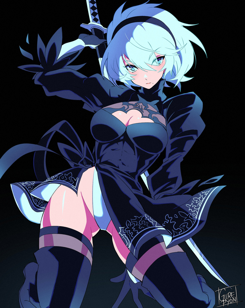 1girl black_background black_footwear black_leotard bob_cut boots breasts cleavage cleavage_cutout closed_mouth clothing_cutout elbow_gloves gloves gurepyon headband highres holding holding_sword holding_weapon katana leotard long_sleeves looking_at_viewer nier_(series) nier_automata short_hair signature simple_background solo sword thigh_boots weapon white_eyes white_gloves white_hair yorha_no._2_type_b