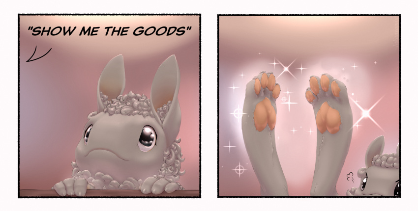 alien ambiguous_gender anthro comic_panel english_text feet fur grey_body grey_fur hi_res hindpaw humor inkanyamba_(artist) mammal nature_of_predators pawpads paws solo sparkles text toes venlil