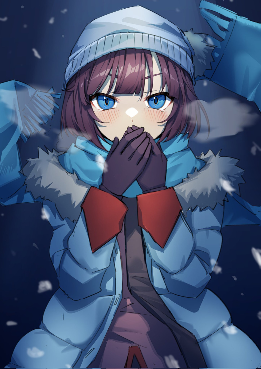 1girl bangs beanie blue_background blue_eyes blue_headwear blue_jacket blue_scarf blunt_bangs blush breath commentary_request covering_mouth eyelashes fur-trimmed_jacket fur_trim gloves hands_up hat highres jacket koimonogatari long_sleeves looking_at_viewer monogatari_(series) myuga66666 open_clothes open_jacket own_hands_together purple_gloves purple_hair scarf senjougahara_hitagi shadow shiny shiny_hair short_hair sidelocks snowing solo upper_body winter_clothes