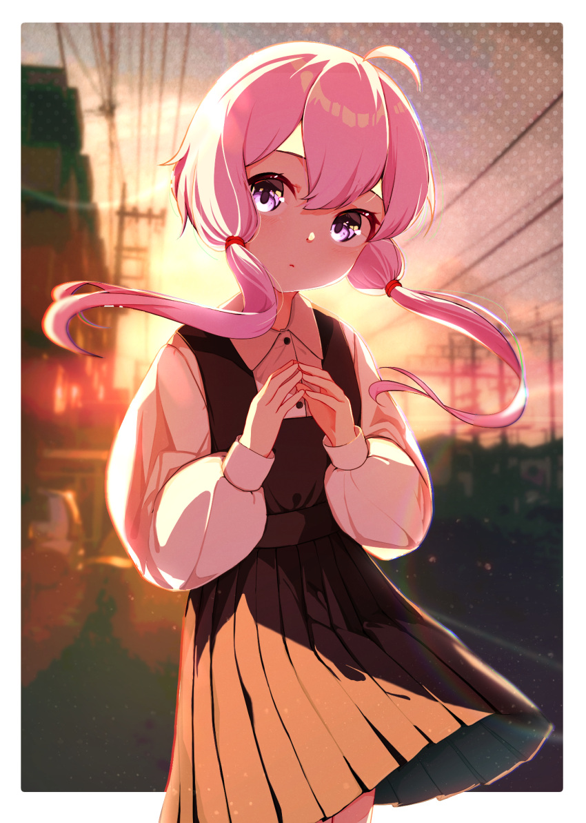 1girl ahoge backlighting bangs blush collared_shirt dress highres long_hair long_sleeves looking_at_viewer low_twintails mikami_jun_(haaryan) outdoors own_hands_together pinafore_dress pink_hair pleated_dress power_lines purple_eyes shirt solo sunset town twintails vocaloid voiceroid wind yuzuki_yukari