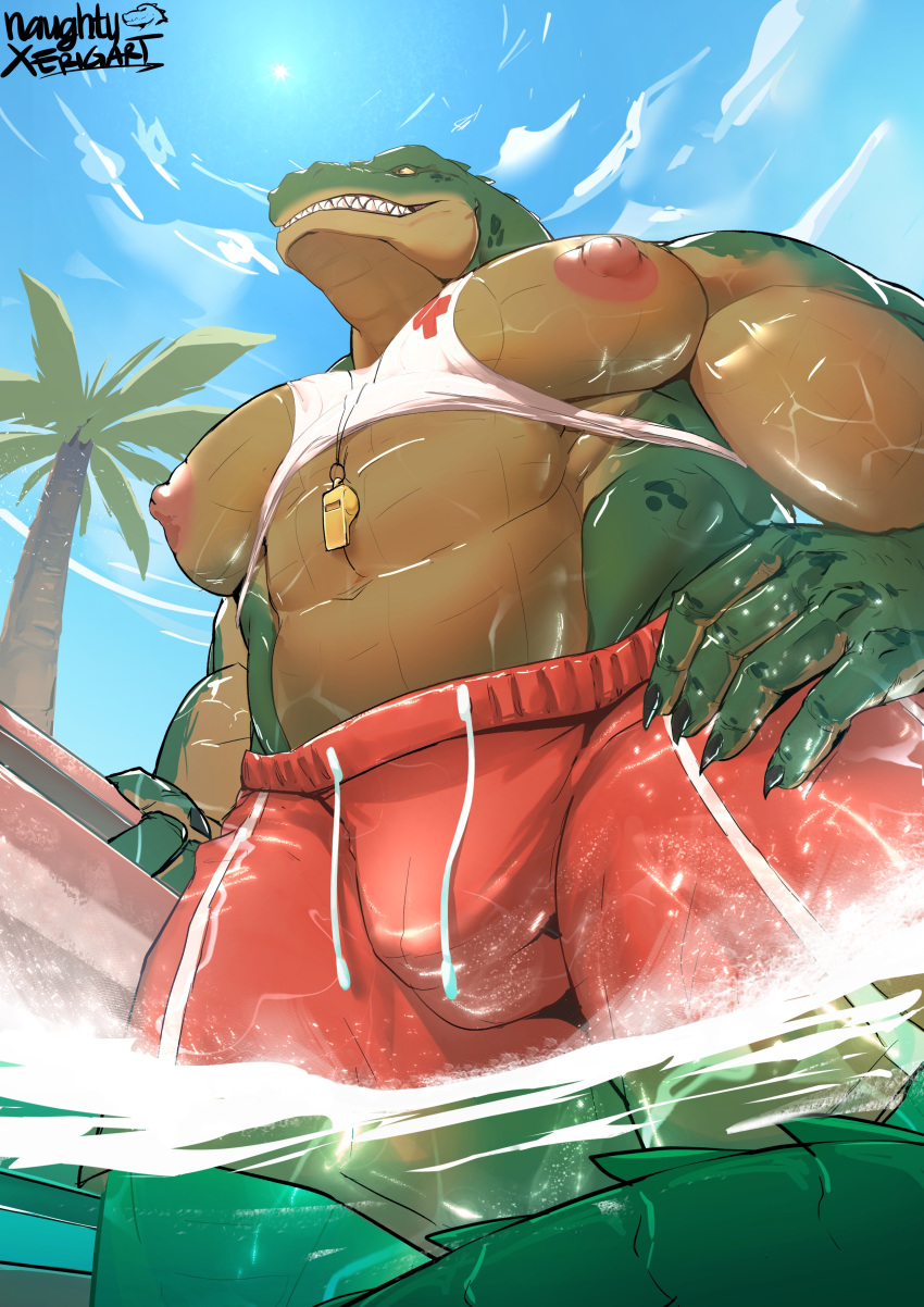 absurd_res anthro biceps big_pecs bulge clothing crocodile crocodilian crocodylid hi_res humanoid league_of_legends looking_up male muscular muscular_anthro muscular_male naughtyxerigart nipples pecs renekton reptile riot_games scalie shirt_up smile solo swimwear video_games