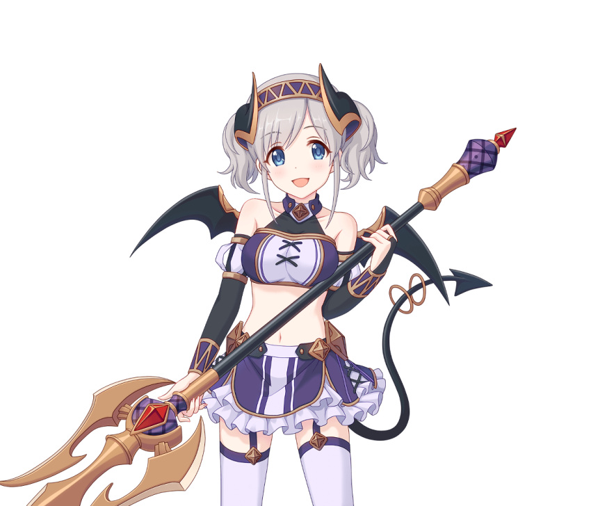 1girl akari_(princess_connect!) axe garter_straps grey_hair holding holding_axe horns medium_hair midriff official_art princess_connect! tail thighhighs transparent_background white_thighhighs wings