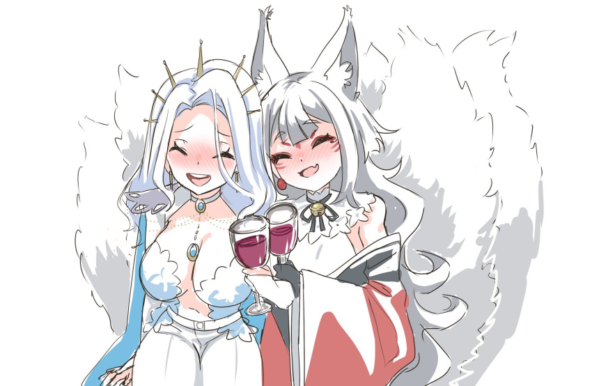 2girls ^_^ animal_ears bangs black_gloves black_kimono blue_hair blush breasts choker cleavage closed_eyes cup drinking_glass english_commentary eyeshadow fang fox_ears fox_tail gloves grey_hair highres holding holding_cup indie_virtual_youtuber japanese_clothes kimono large_breasts leaning_on_person makeup monarch_(amalee) multiple_girls multiple_tails nashirasauce navel nijisanji nijisanji_en nina_kosaka off_shoulder open_mouth pants red_eyeshadow second-party_source shirt sitting sketch skin_fang smile tail virtual_youtuber white_choker white_pants white_shirt wine_glass
