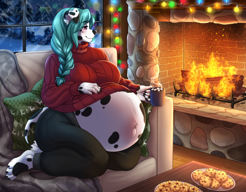 anthro belly beverage big_belly big_breasts blue_hair bottomwear braided_hair breasts candy canid canine canis chocolate christmas_lights clothed clothing cookie cozy dalmatian dessert domestic_dog female fire fireplace food fully_clothed furniture hair holidays hot_chocolate inside kneeling mammal mug navel on_sofa outie_navel pants pillow plate pregnant pregnant_female relaxing smile snow snowing sofa solo spottedtigress steam sweater topwear turtleneck window winter