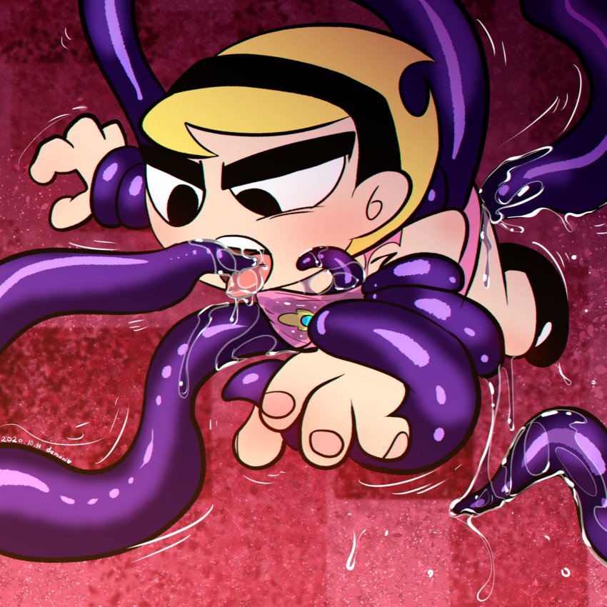 blonde_hair bodily_fluids cartoon_network clothing dress duo female hair hi_res human mammal mandy_(tgaobam) open_mouth pink_clothing pink_dress saliva teeth tentacle_monster tentacles the_grim_adventures_of_billy_and_mandy