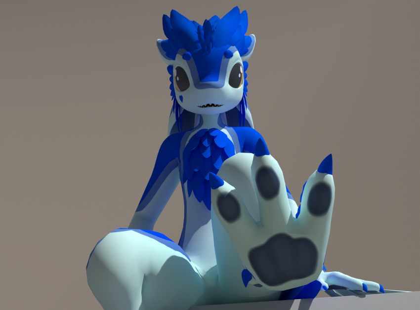 3d_(artwork) 4_ears anthro avali blue_body blue_feathers claws digital_media_(artwork) feathers feet foot_fetish foot_focus hi_res jukkavali low-angle_view male markings multi_ear paws sharp_teeth simple_background sitting smile smiling_at_viewer solo teeth toe_claws white_body yellow_eyes