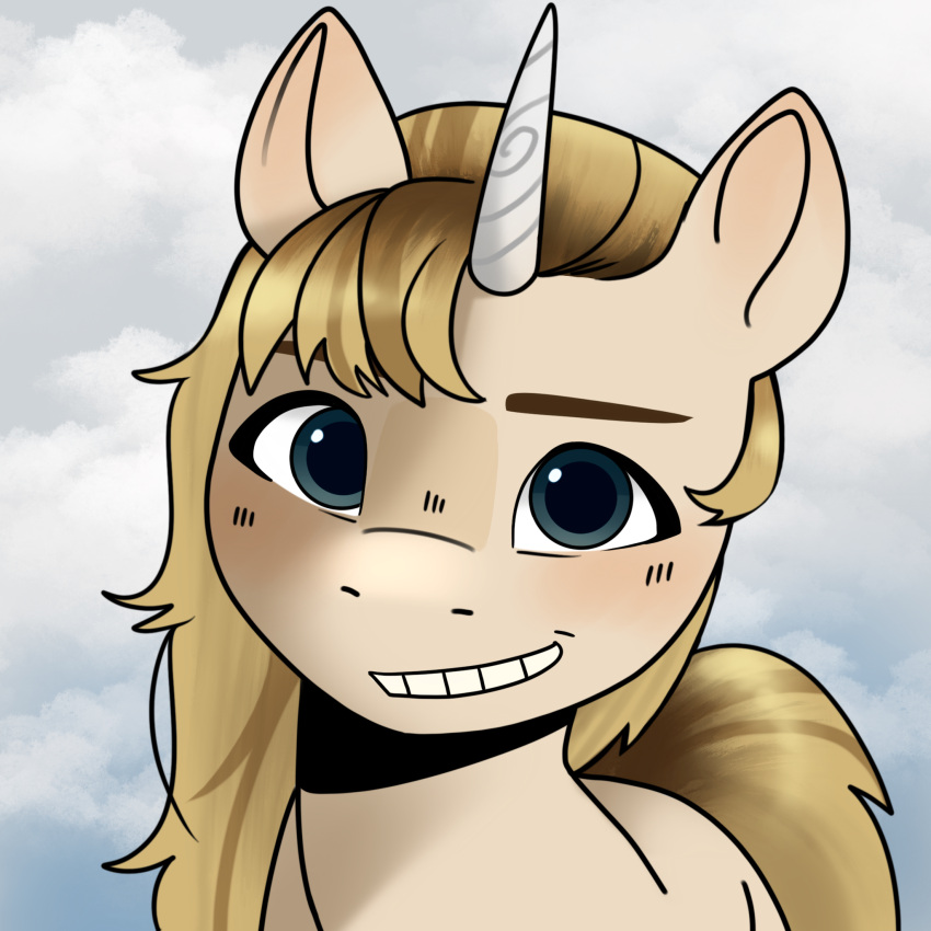 blonde_hair blush cloudscape daisy-marshmallow dark_blue_eyes digital_drawing_(artwork) digital_media_(artwork) equid equine female feral grin hair hasbro hi_res horn horse looking_at_viewer mammal mlp_g5 my_little_pony pony sky smile solo unicorn