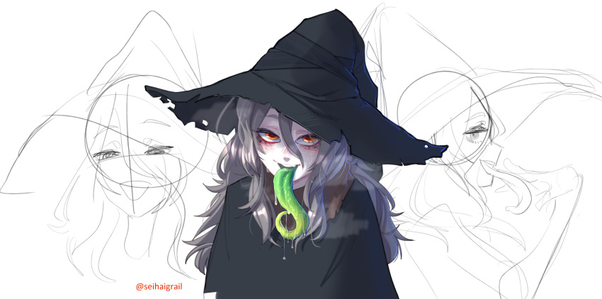 1girl absurdres black_dress black_headwear colored_tongue commission dress green_tongue grey_hair hat highres long_hair long_tongue looking_at_viewer orange_eyes original popopoka saliva simple_background smile solo tongue white_background witch witch_hat