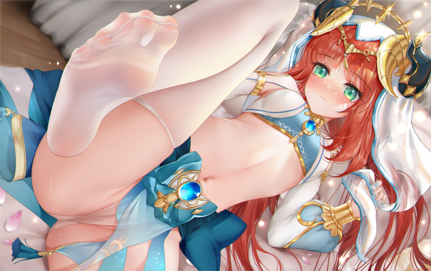 1girl aqua_eyes ass bangs blue_gemstone blue_nails blush breasts brooch cameltoe circlet fake_horns forehead_jewel gem genshin_impact gold_choker harem_outfit highres horns jewelry kamue leg_lift long_hair long_sleeves lying navel nilou_(genshin_impact) no_shoes panties petals red_hair small_breasts smile soles solo stomach thighhighs toes twintails underwear veil white_headdress white_panties white_thighhighs