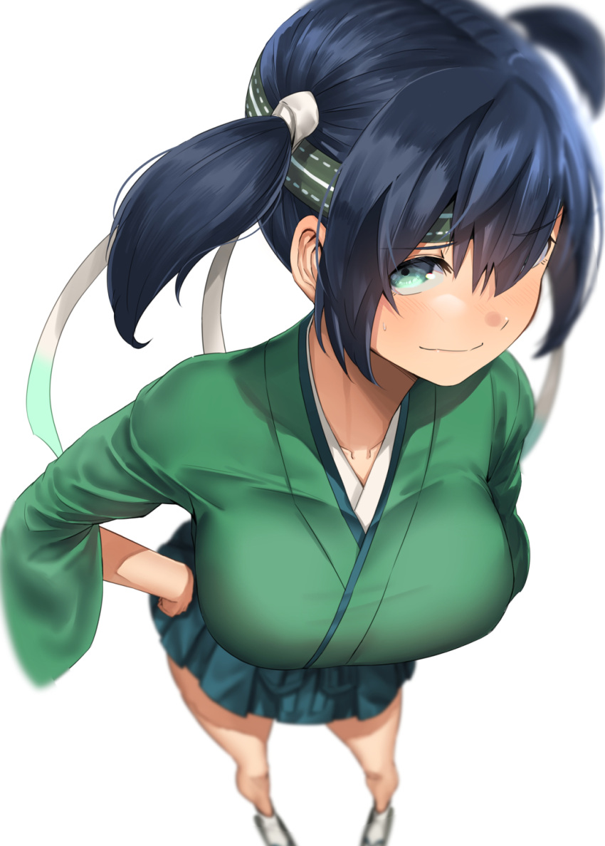 1girl black_hair blue_eyes breasts commentary_request foreshortening green_hakama green_kimono hair_over_one_eye hair_ribbon hakama hakama_short_skirt hakama_skirt hands_on_hips headband highres japanese_clothes kantai_collection kimono large_breasts ribbon simple_background skirt solo souryuu_(kancolle) twintails white_background zombie_mogura