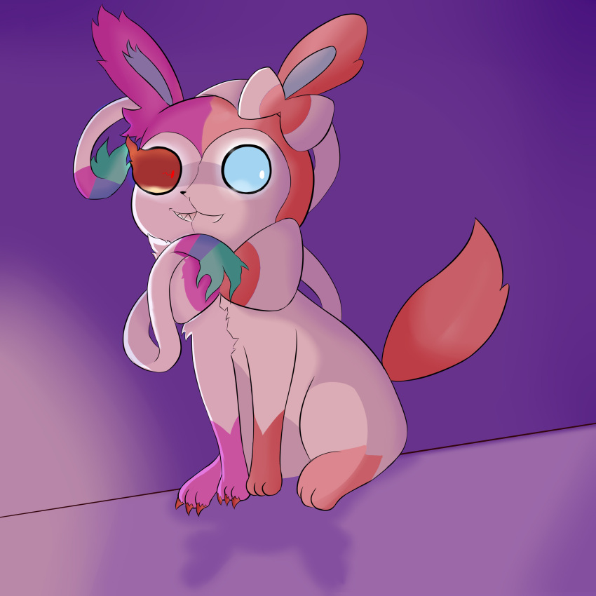 absurd_res ambiguous_gender anthro blue_inner_ear eeveelution feral fur generation_6_pokemon hair hi_res looking_at_another multicolored_eyes nameigo nintendo pink_ears pink_hair pokemon pokemon_(species) red_eyes smile smiling_at_viewer solo sylveon two_tone_eyes video_games white_eyes