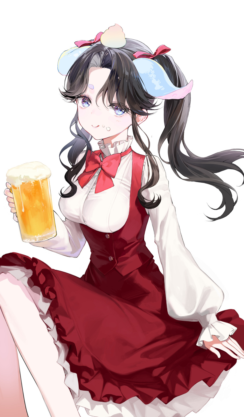 1girl :q absurdres alcohol beer beer_mug black_hair blue_eyes bow bowtie closed_mouth commission cup dress food food_on_face framed_breasts highres invisible_chair long_sleeves looking_at_viewer mug original oyabuli puffy_long_sleeves puffy_sleeves red_bow red_bowtie red_dress shirt sidelocks simple_background sitting smile solo tongue tongue_out twintails white_background white_shirt