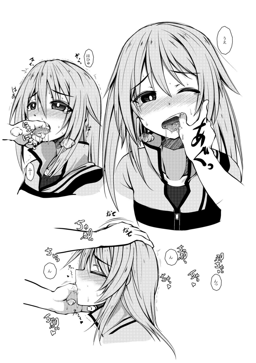 1girl 1other alice_gear_aegis blush finger_in_another's_mouth finger_sucking greyscale hand_on_another's_head highres hirasaka_yotsuyu imagawa_akira monochrome one_eye_closed open_mouth saliva tears tongue translation_request