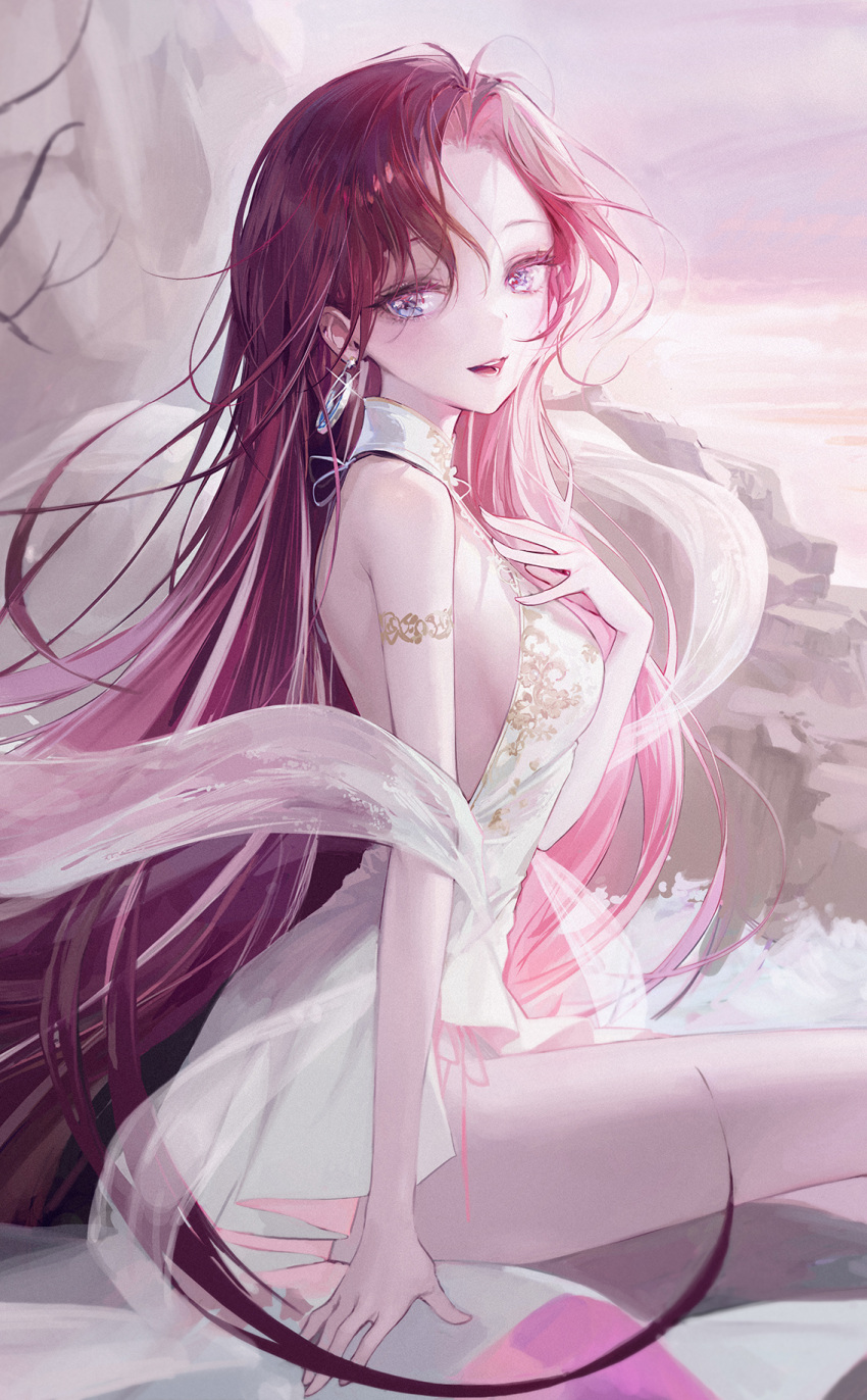 1girl :d backless_dress backless_outfit blue_eyes dress from_side glint hand_up highres jewelry long_hair looking_at_viewer necklace original oyabuli red_hair short_dress sitting smile solo very_long_hair white_dress
