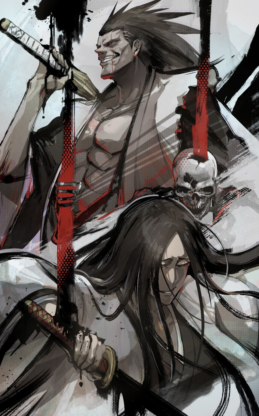 2boys bangs black_hair bleach highres holding holding_sword holding_weapon ikuyoan kuchiki_byakuya long_hair male_focus multiple_boys scar scar_across_eye simple_background spiked_hair sword teeth weapon white_background zaraki_kenpachi