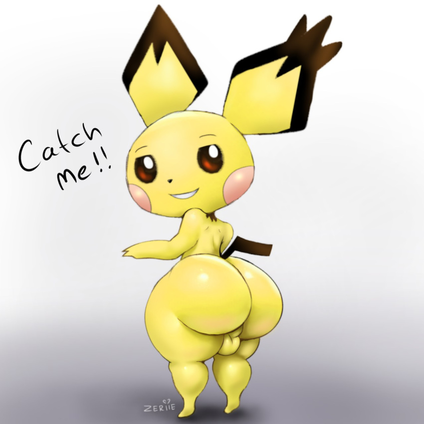 anthro backsack balls big_butt black_tail butt digital_media_(artwork) generation_2_pokemon genitals hi_res huge_butt looking_at_viewer looking_back male mammal mouse murid murine nintendo nude pichu pokemon pokemon_(species) rodent simple_background smile solo text thick_thighs video_games white_background wide_hips yellow_balls yellow_body yellow_butt zeriie