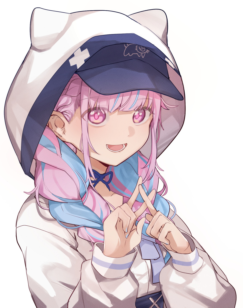 1girl :d animal_hood bangs baseball_cap blue_bow blue_hair blue_headwear bow braid breasts finger_counting hair_over_shoulder hands_up hat highres hololive hood hood_up hooded_jacket jacket long_hair long_sleeves looking_at_viewer low_twintails medium_breasts minato_aqua multicolored_hair pink_hair puffy_long_sleeves puffy_sleeves purple_eyes shirt simple_background smile solo streaked_hair twin_braids twintails two-tone_hair upper_body virtual_youtuber white_background white_jacket white_shirt xuu_shi_times