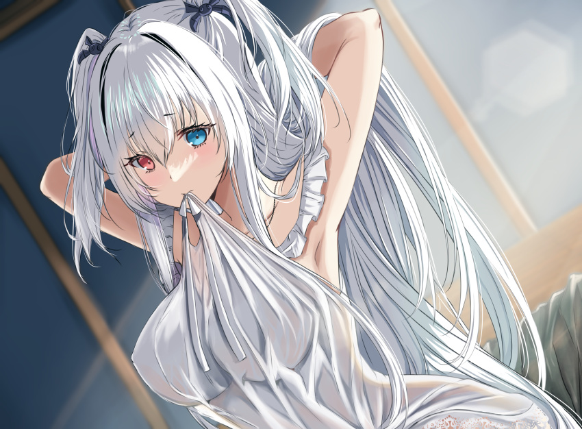 1girl absurdly_long_hair armpits arms_behind_head azur_lane blue_eyes elbing_(azur_lane) elbing_(sleepless_night's_wishes)_(azur_lane) hair_ribbon hands_in_hair heterochromia highres long_hair mouth_hold nightgown official_alternate_costume red_hair ribbon two_side_up upper_body very_long_hair white_babydoll white_hair white_nightgown xstetra_(esxty)