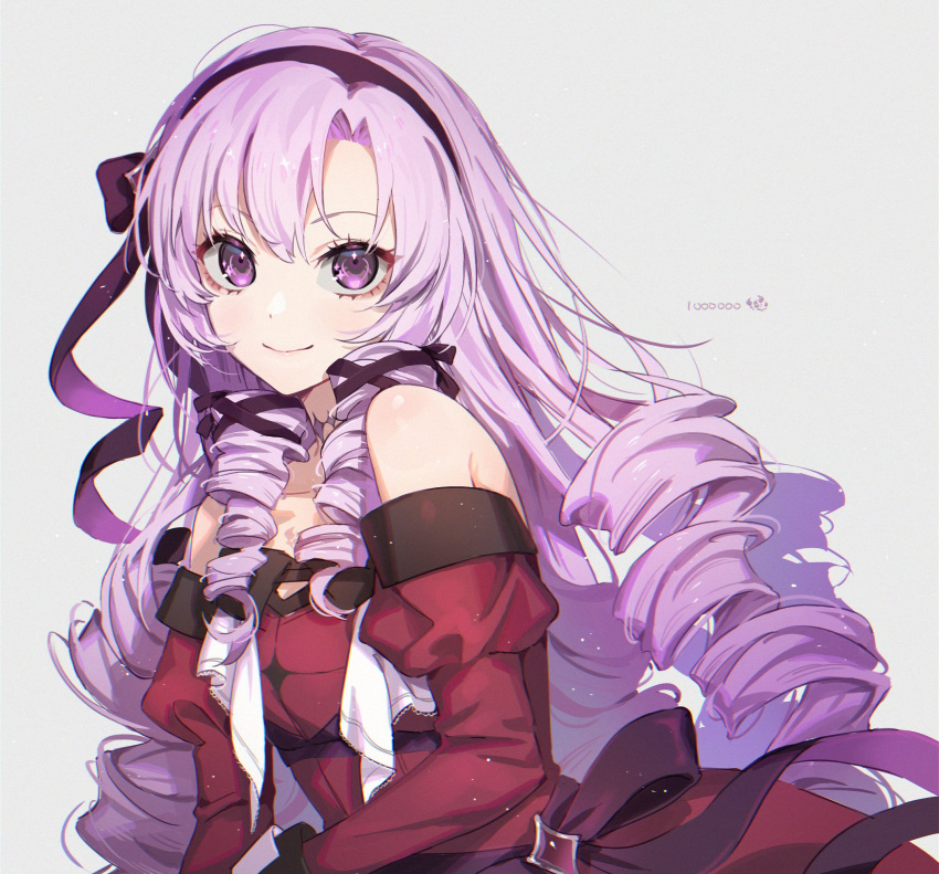 1girl bangs bare_shoulders black_ribbon collarbone dress drill_hair gloves hair_ribbon hairband highres hyakumantenbara_salome io_(sinking=carousel) juliet_sleeves long_hair long_sleeves looking_at_viewer nijisanji puffy_sleeves purple_eyes red_dress ribbon shiny shiny_hair smile solo upper_body virtual_youtuber