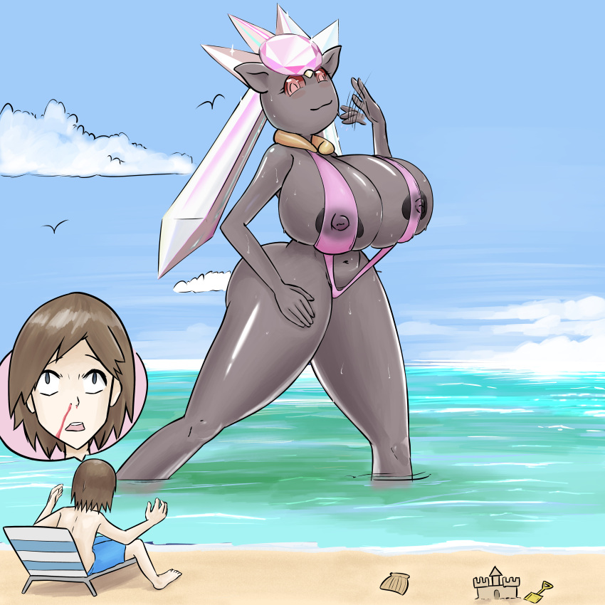 5_fingers absurd_res areola beach big_breasts big_butt bikini blood bodily_fluids breasts brown_hair butt calem_(pok&eacute;mon) clothing diancie duo female fingers generation_6_pokemon grey_body hair hi_res huge_breasts human humanoid larger_female legendary_pokemon male male/female mammal nintendo nipples nosebleed pokemon pokemon_(species) red_eyes seaside size_difference sling_bikini smaller_male surusketch swimwear video_games