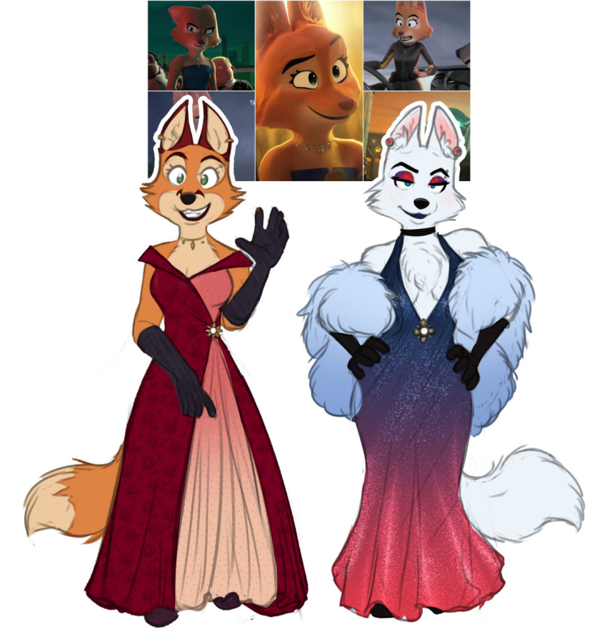 alternate_species anthro arctic_fox armwear breasts canid canine chest_tuft clothed clothing diane_foxington dipstick_tail dreamworks dress elbow_gloves eyeshadow female fox gloves handwear hi_res makeup mammal markings red_fox solo tail_markings the_bad_guys thecatnamedfish tuft